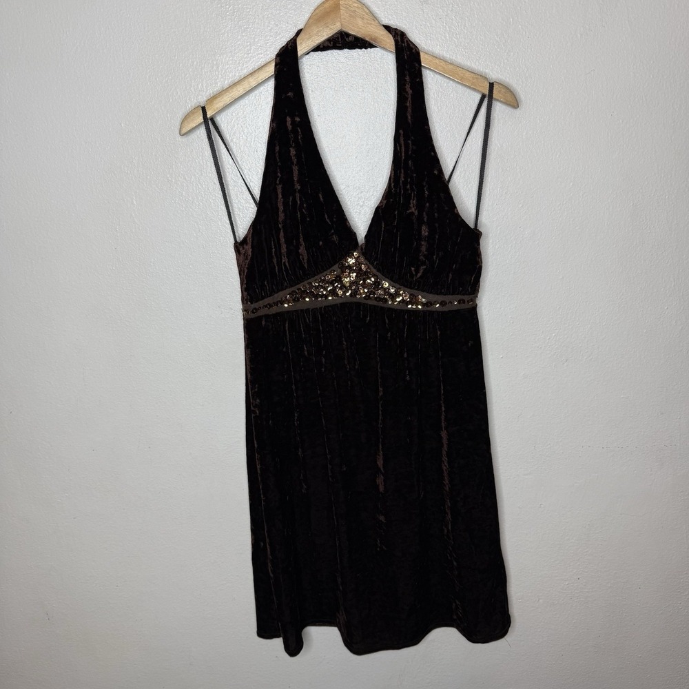 Vintage City Triangles Brown Velvet‎ Sequin Halter Y2K Dress Womens Large